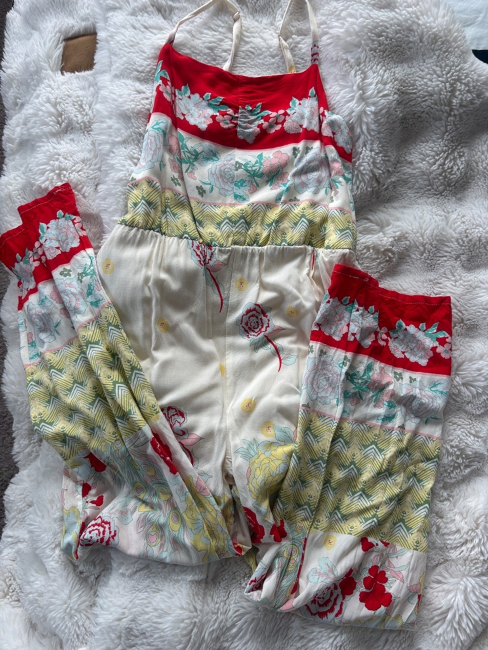 Chelsea & Violet Floral Print Romper in Red, Cream & Yellow